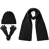 Villand Women's 3 Piece 100% Pure Cashmere Scarf Hat & Gloves Set, Cable Knitted Winter Set with Gift Box