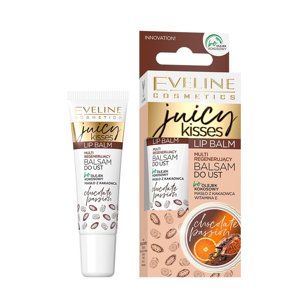 Eveline Cosmetics Juicy Kisses Chocolate Passion Multi-Regenerating Lip Balm - Nourishing, Hydrating & Smoothing Lip Care with Aloe, Shea Butter, Coconut Oil & Vitamin E - Vegan - 12ML