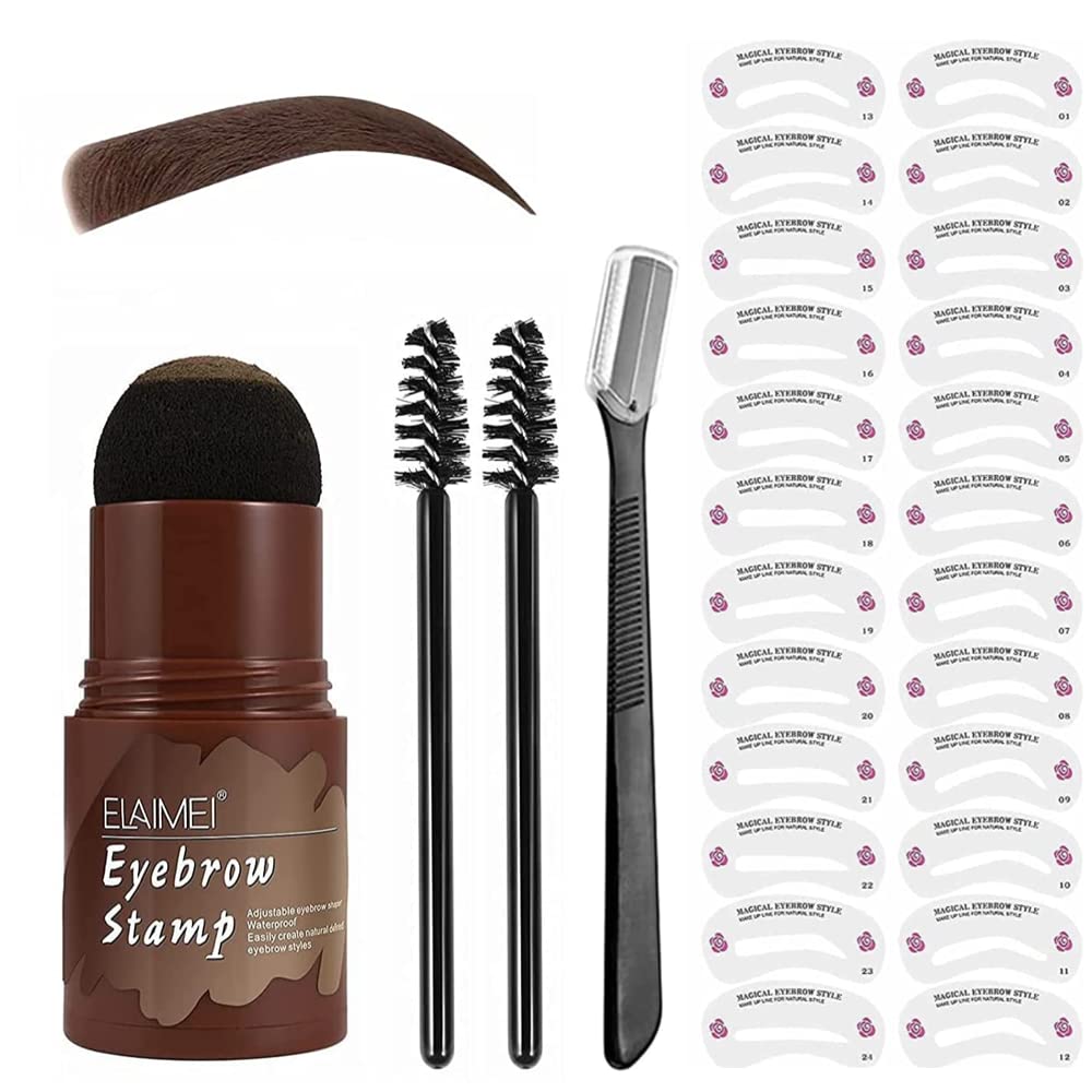 Eyebrow Stamp Waterproof, Brow Stamp Shaping Kit Eyebrow Definer,Long Lasting Eyebrow Makeup Tools with 24 Reusable Eyebrow Stencil,2 Eyebrow Brushes and Eyebrow Trimmer(Dark Brown)