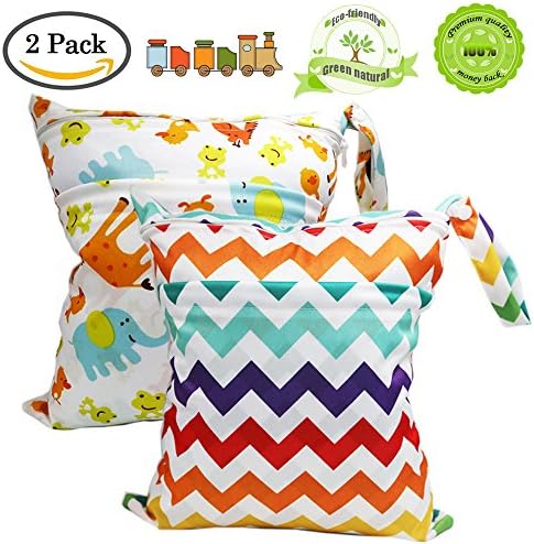 2Pack Baby Wet and Dry Cloth Diaper Bags With 2 Zippered Pockets