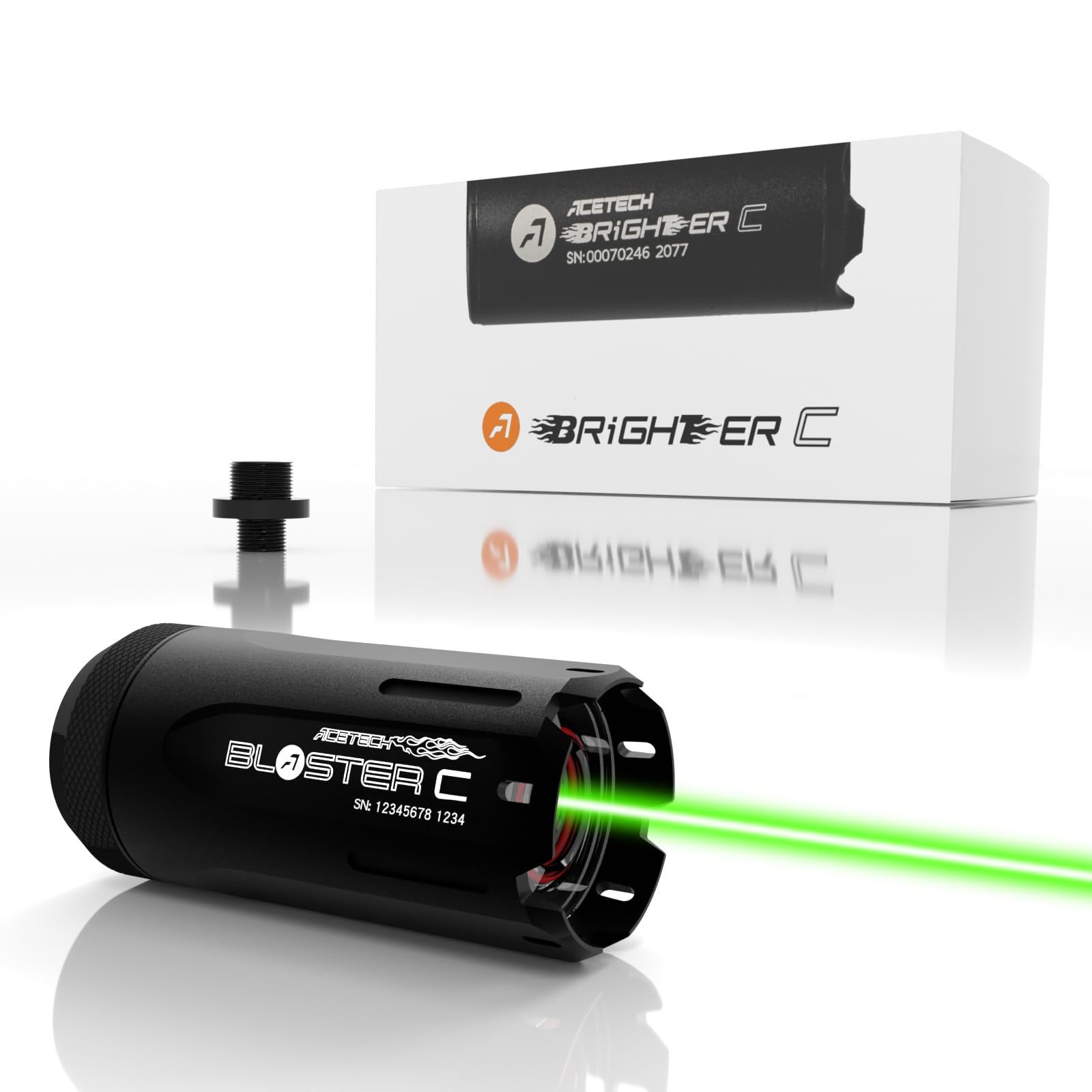ACETECH Airsoft Pistol/Riffle Tracer Unit Brighter C/Blaster C 14mm CCW Negative Thread M14- to M11+ Adaptor Glow in The Dark Green/Gel BBS LED Beam/Flare Lighting Effect (Blaster C - Flare, Black)
