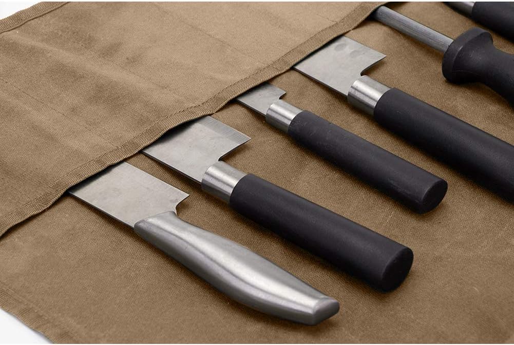 Chefs Knife Bag(11 Slots), Knife Roll for Kitchen Knife Tools Up To 18.8”, Heavy Duty Waxed Canvas Japanese Knife Set Case, Portable Travel Tool Roll Pouch for Meat Cleaver, Knife Sharpener: Kitchen & Dining