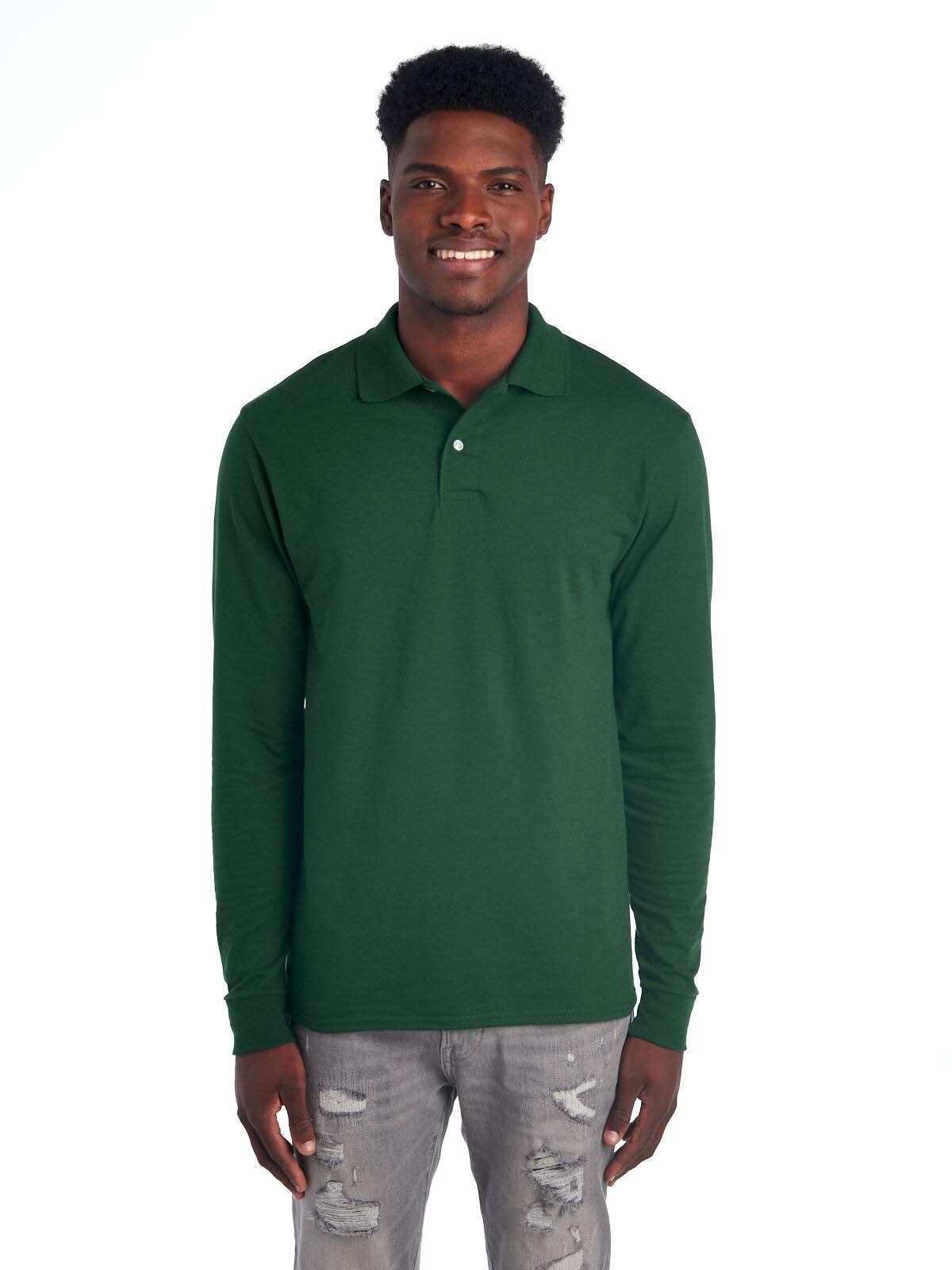 Jerzees Men's SpotShield Stain Resistant Polo Shirts (Short & Long Sleeve), Long Sleeve - Forest Green, XXL