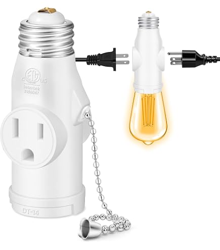 2-Pack E26 Light Socket To Plug Adapter With Pull Chain – 3-in-1 Splitter: 2 Three-Prong Outlets + 1 Bulb Socket, Flame-Retardant PBT, 160°C Heat Resistant