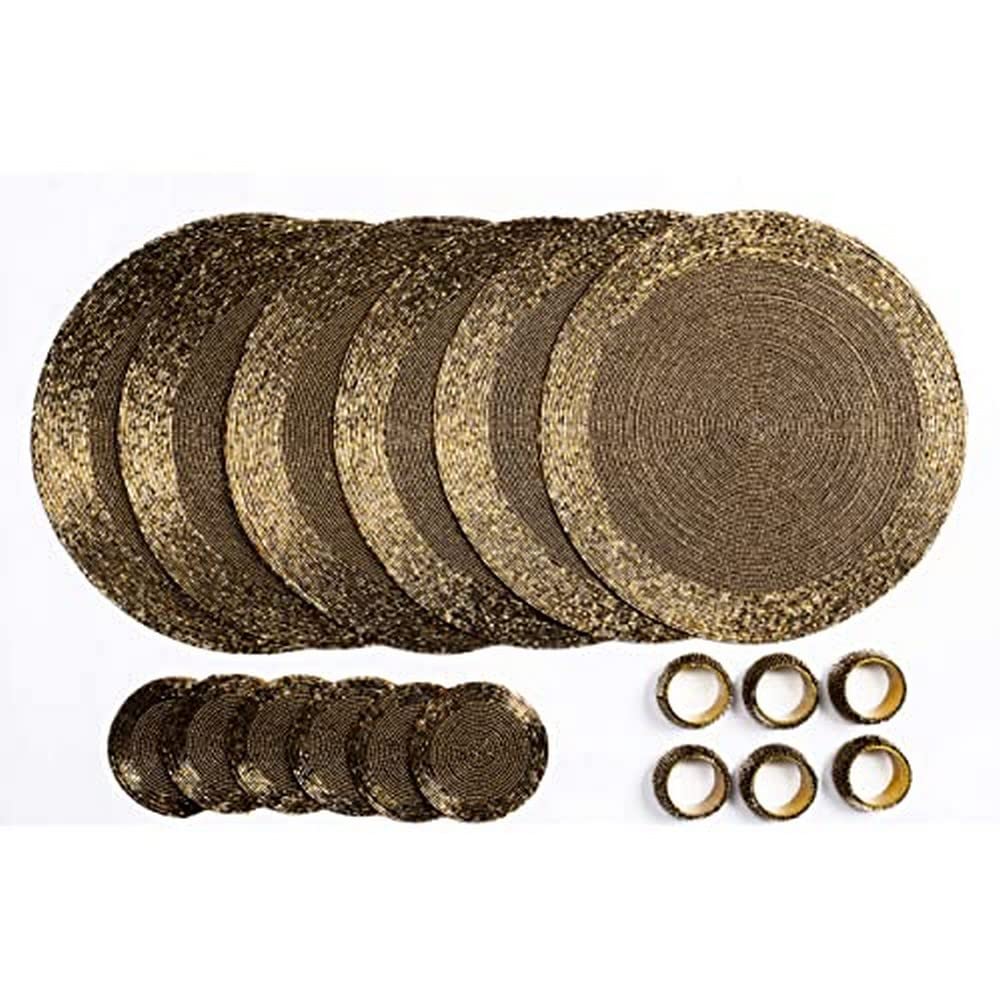 Penguin Home Handcrafted Glass Beaded Round Placemats, Coasters & Napkin Rings Set of 18 - Handmade Table Place Mats for Dining - 32 cm (13") Diameter (Antique Gold) — image 1