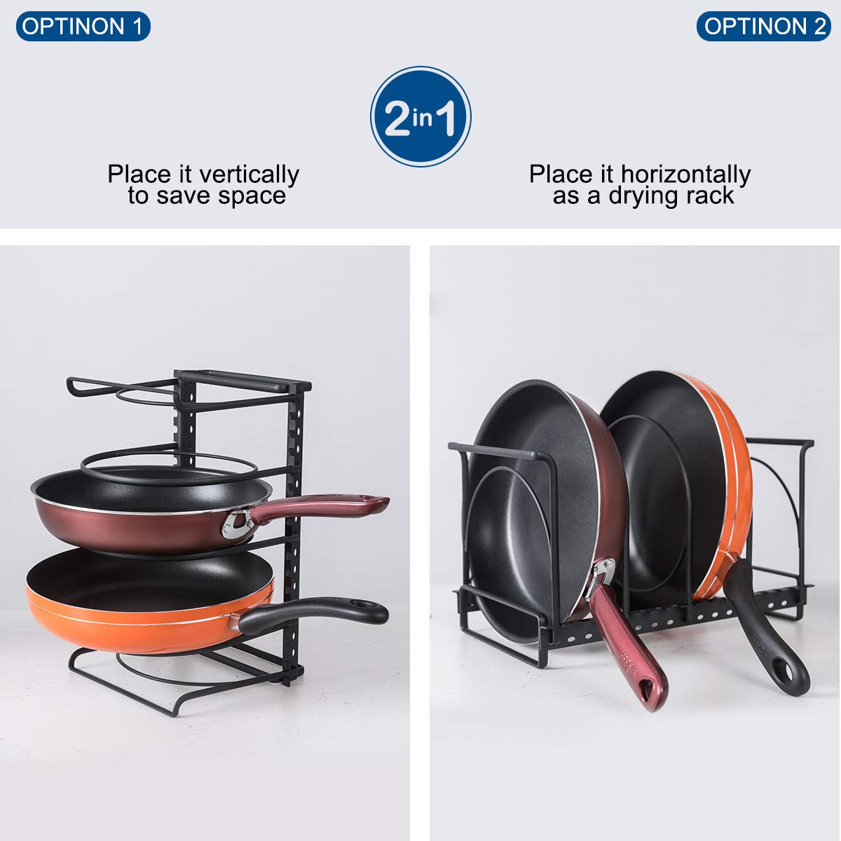 Pot and Pan Organizer Rack, Heavy Duty Pan Organizer Rack, 4-Tier Cookware Holder Pot Lid Organizer for Kitchen Cabinet Pantry and Shelves, Total 4 Adjustable Compartments, Black