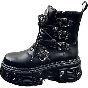 JSDWNDO Men's Synthetic Leather Platform Combat Boots Lace Up Round Toe Chunky Heel Multi Buckle Footwear For Party Streetwea