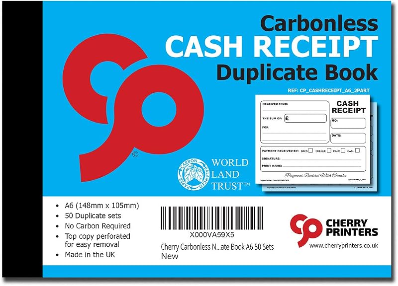 Cherry Printers Carbonless NCR Receipt Book 2pt A6 50 Set Perforated Receipts