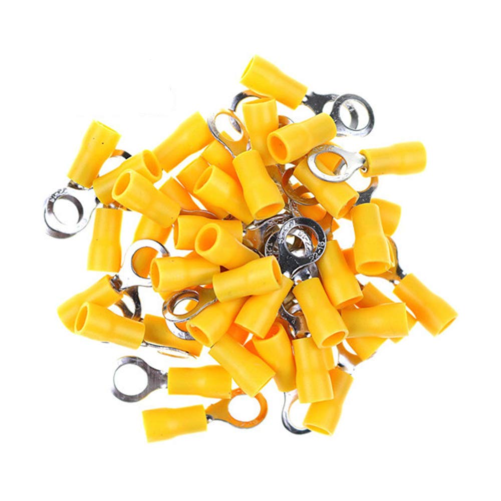 GFORTUN 100PCS Yellow Insulated Ring Terminal Electrical Wire Crimp Connectors Stud Size 3/8 for Cable 12-10 AWG (RV5.5-10)