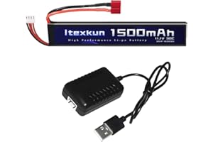 Itexkun 11.1V 1500mAh 30C Airsoft Battery Deans T Plug Lipo Battery High Discharge Rate Rechargeable 3S Lipo Battery with 11.1v Battery Charger for Airsoft Model Guns