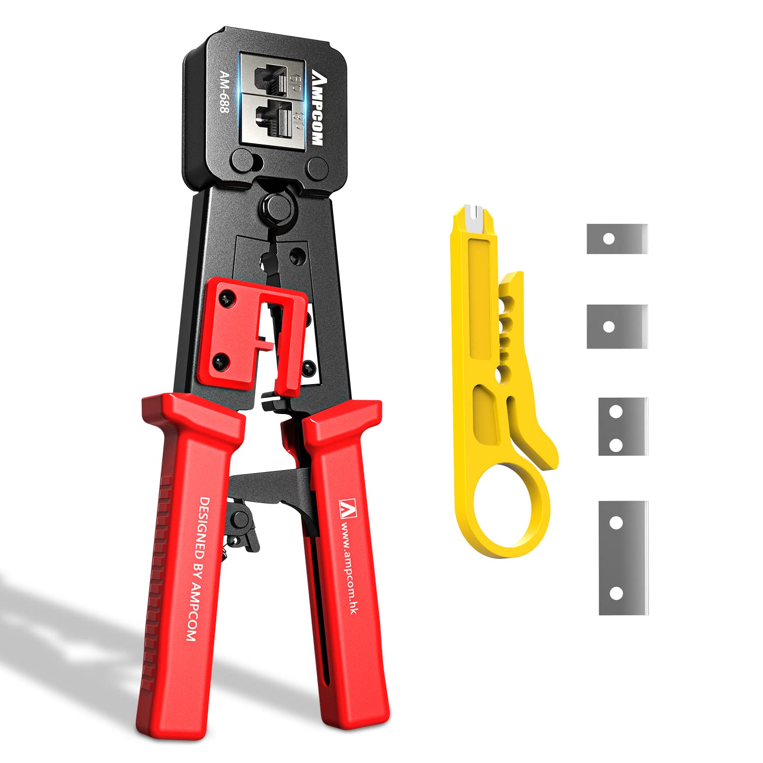 AMPCOM RJ45 Crimping Tool Network Crimper for Pass Through and Regular Type RJ45 RJ12 RJ11 Connector -CAT6/5e/5/3 （8P8C/6P6C/6P4C）