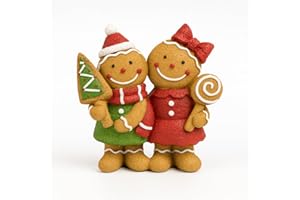 iStatue Christmas Gingerbread Couple Resin Figurine – Hand-Painted Holiday Décor, Boy with Tree Cookie & Girl with Bow and Swirl Lollipop, Tabletop/Mantel Accent (Brown Gingerbread)