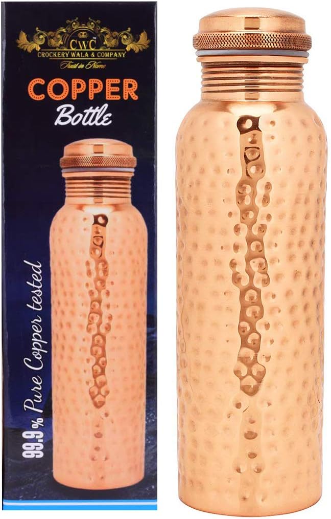 CROCKERY WALA AND COMPANY Copper Bottle, 850 ml, Hammered Look, Brown