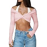 Yousify Womens Long Sleeve Workout Crop Tops Twist Deep V Neck Y2k Yoga Pilates Ballet T Shirt Top with Thumb Holes