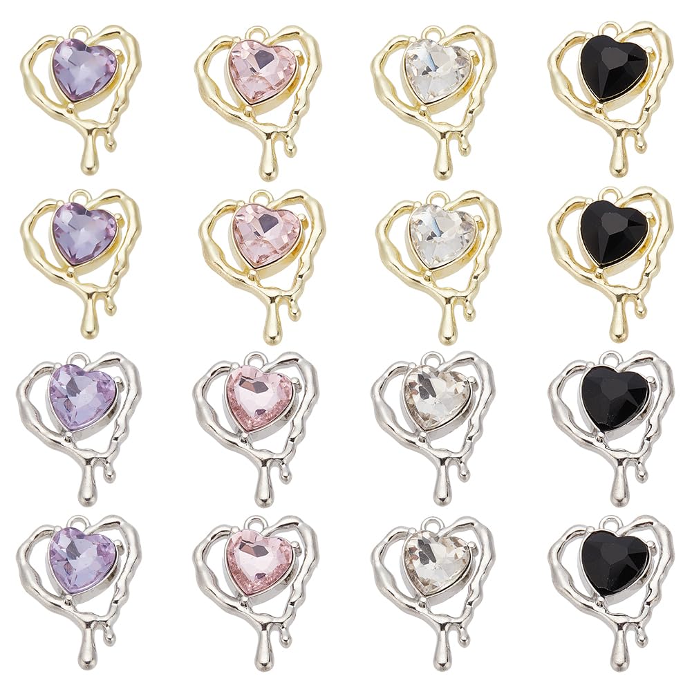 DELORIGIN 16pcs Heart Pendants Charms 8 Colors Glass Heart with Alloy Pendants Valentine's Day Charms for DIY Jewelry Making Bracelets Necklace Earrings Choker Tiny Dangle Accessories Wedding
