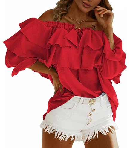 OYOANGLE Women's Long Sleeve Rib Knit Ruffle Off Shoulder Blouse
