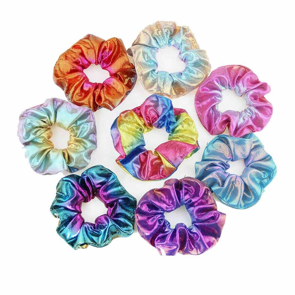 SHTGOI Pack of 8 Hair Scrunchies Elastic Fabric Hair Bobbles Laser Hair Bands Hot Embossing Two-Tone Rubber Bands Tie-Dye Silk Scrunchie Scrunchy Scrunchy Hair Accessories for Women and Girls Colours