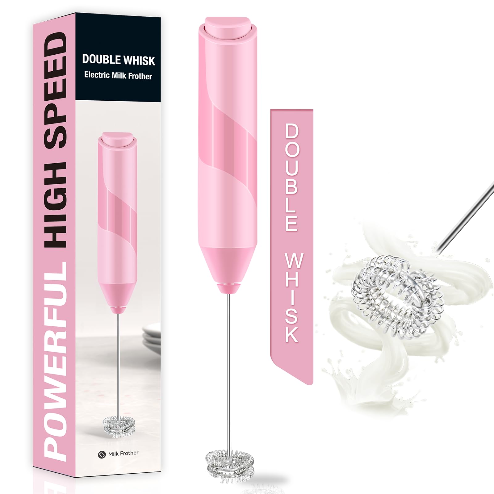 Photo 1 of Double Whisk Milk Frother, Handheld Electric Blender stick, Drink Mixer with Food Grade Stainless Steel Stirrer, Battery Operated Foam Maker for Coffee, Cappuccino, Matcha,Hot Chocolate Latte, in Pink