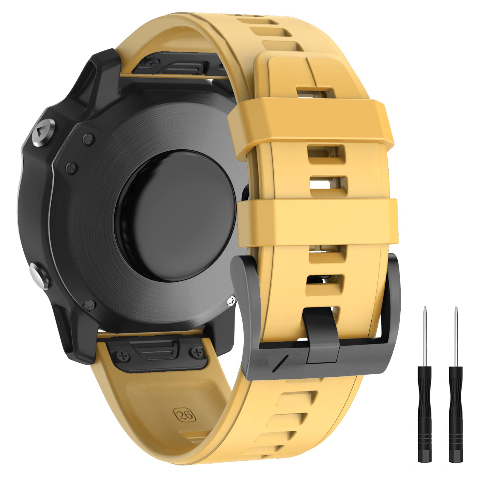 MYSNBKN Silicone Strap Compatible with Garmin Fenix 6X, 6X Pro, 5X, 5X Plus, 3, 3 HR, Descent MK1, D2 Delta PX, D2 Charlie - 26MM Width Sports Loop Watch Band - Yellow