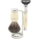 Edwin Jagger Simulated Ivory and Nickel Shaving Set with Gillette Mach 3 Razor/ Pure Badger Shaving Brush and Stand