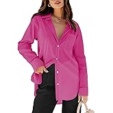 siliteelon Womens Button Down Shirts Dress Shirts Long Sleeve Blouses V Neck Solid Casual Tunics Tops with Pockets - Hot Pink M