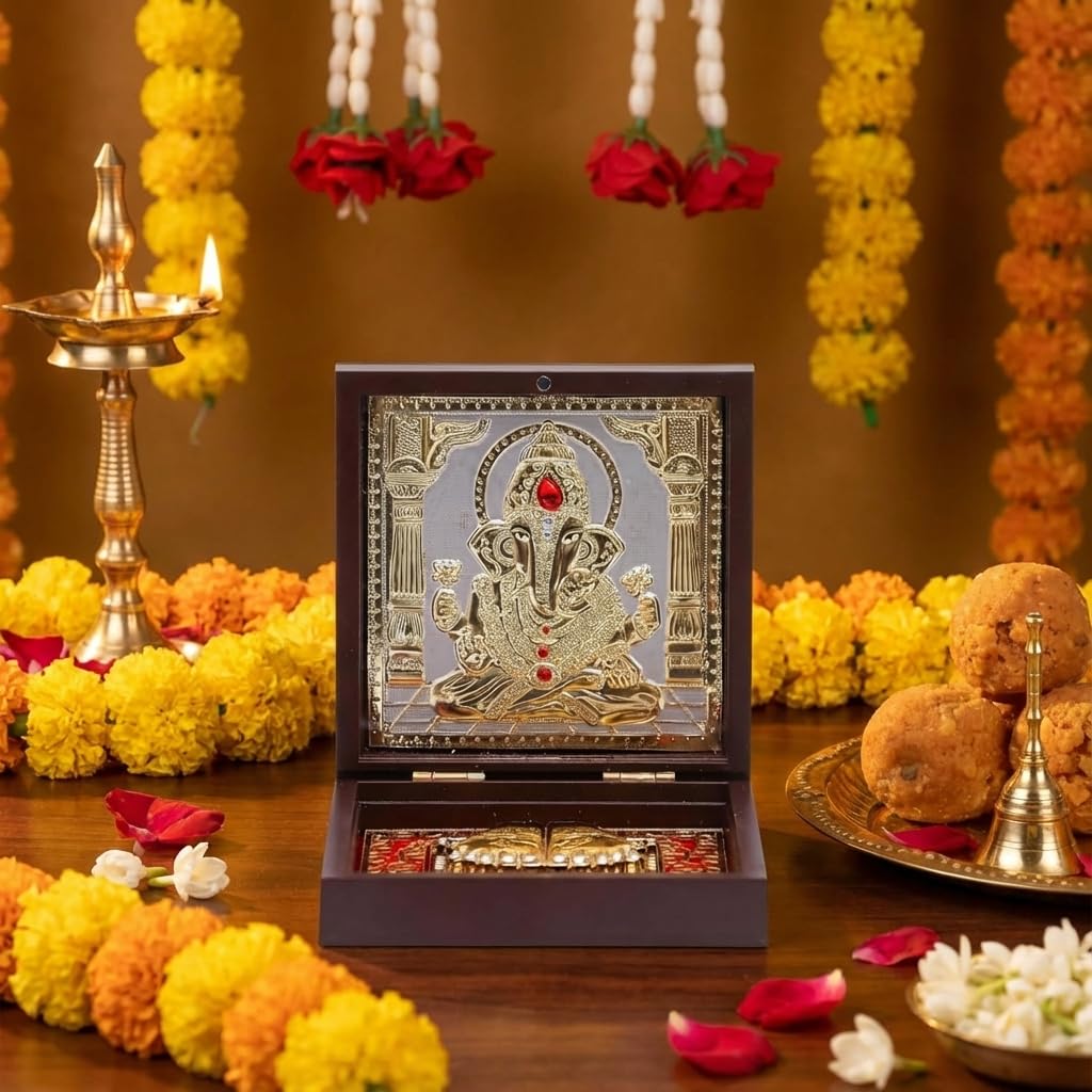 House Of Wemy Ganesh Pocket Temple for Pooja RoomIGold Plated Decorative Photo Frame & Charan PadukaIBest Gift for Family & FriendsIDiwali Gift & Home Decor-brown ‎(4.5 x 4.5 x0.75 Inches)