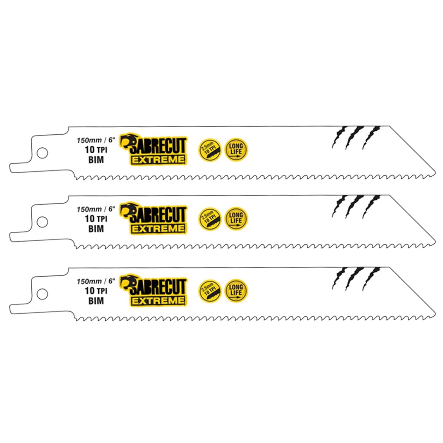 3 x SabreCut SCRS922HF_3 150mm 10 TPI S922HF Fast Wood and Metal Cutting Reciprocating Sabre Saw Blades, Silver