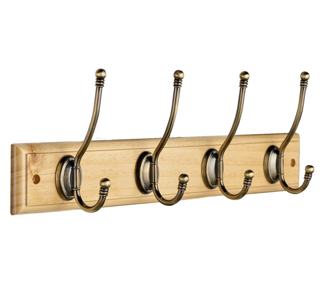 Hiatt Hardware 4 Ball End Hat and Cat Hooks - Antique Brass on Pine - Wood Wall Rack - Hookrail