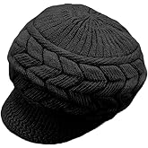 Women’s Winter Knit Hat with Visor Thick Warm Beanie Hat Plush Lined Snow Ski Outdoor Cap Crochet Newsboy Cap (Beige)