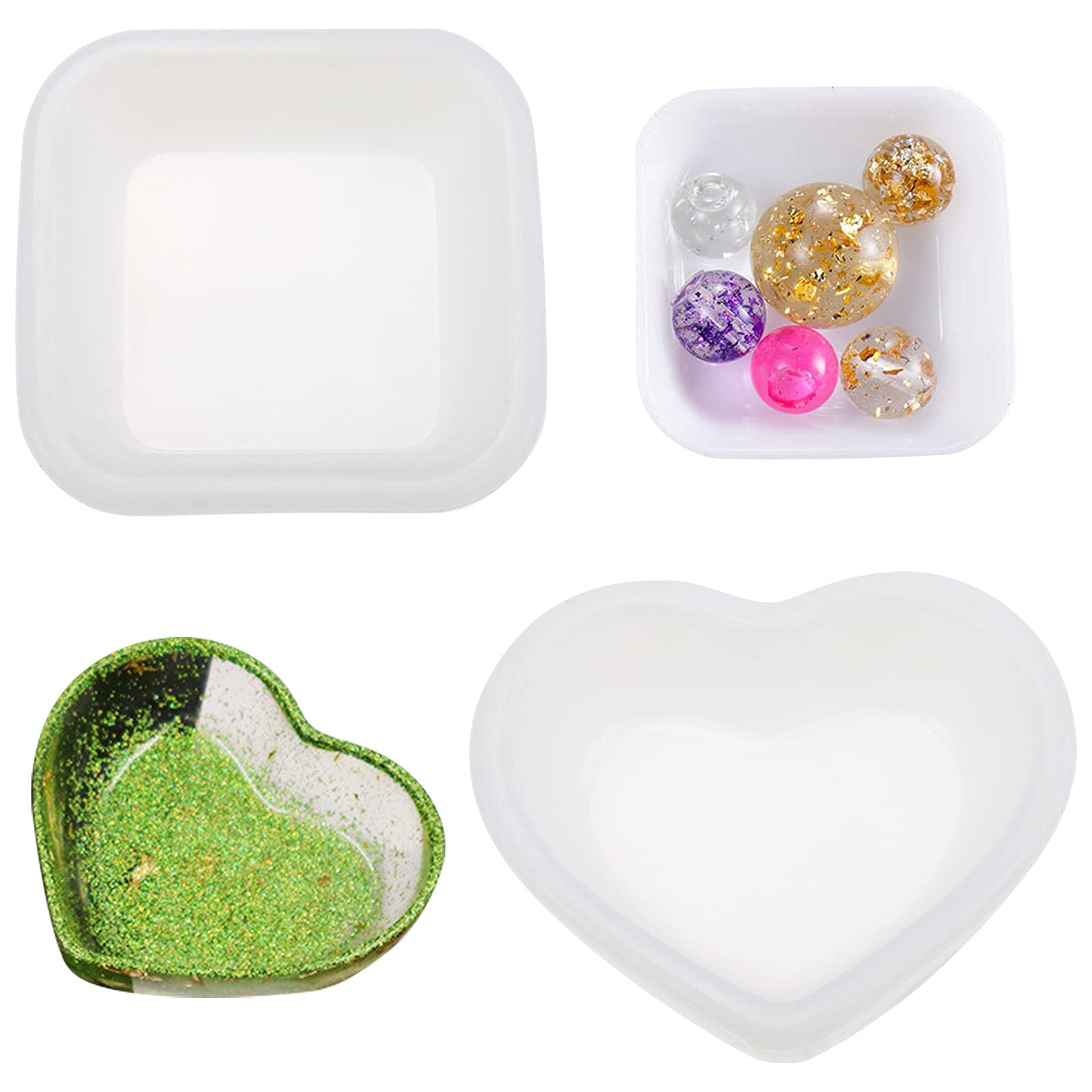 2 Pack Heart Shape Small Storage Box Resin Mold,Square Shape Jewelry Mini Bowl Silicone Mold, Cute Decorative Dish Containers Epoxy Casting Mold for Valentine's Day Small Items Crafts Jewelry Art