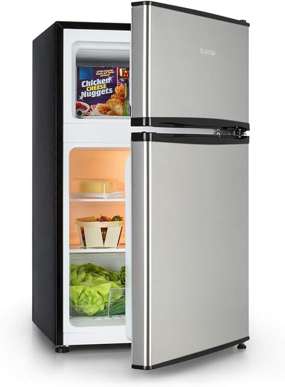 Klarstein Big Daddy Cool Nevera con congelador - Refrigerador, 90 litros de volumen total, Clase A+, 2 estantes de vidrio, 3 compartimientos en la puerta, Cajón para verduras, Frontal plateado, Negro