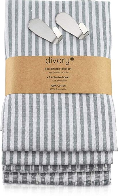 DIVORY 4er Set Geschirrtücher I 100% Baumwolle I 40x60 cm I grau weiß I gestreift kariert I Küchentücher I Geschirrhandtücher