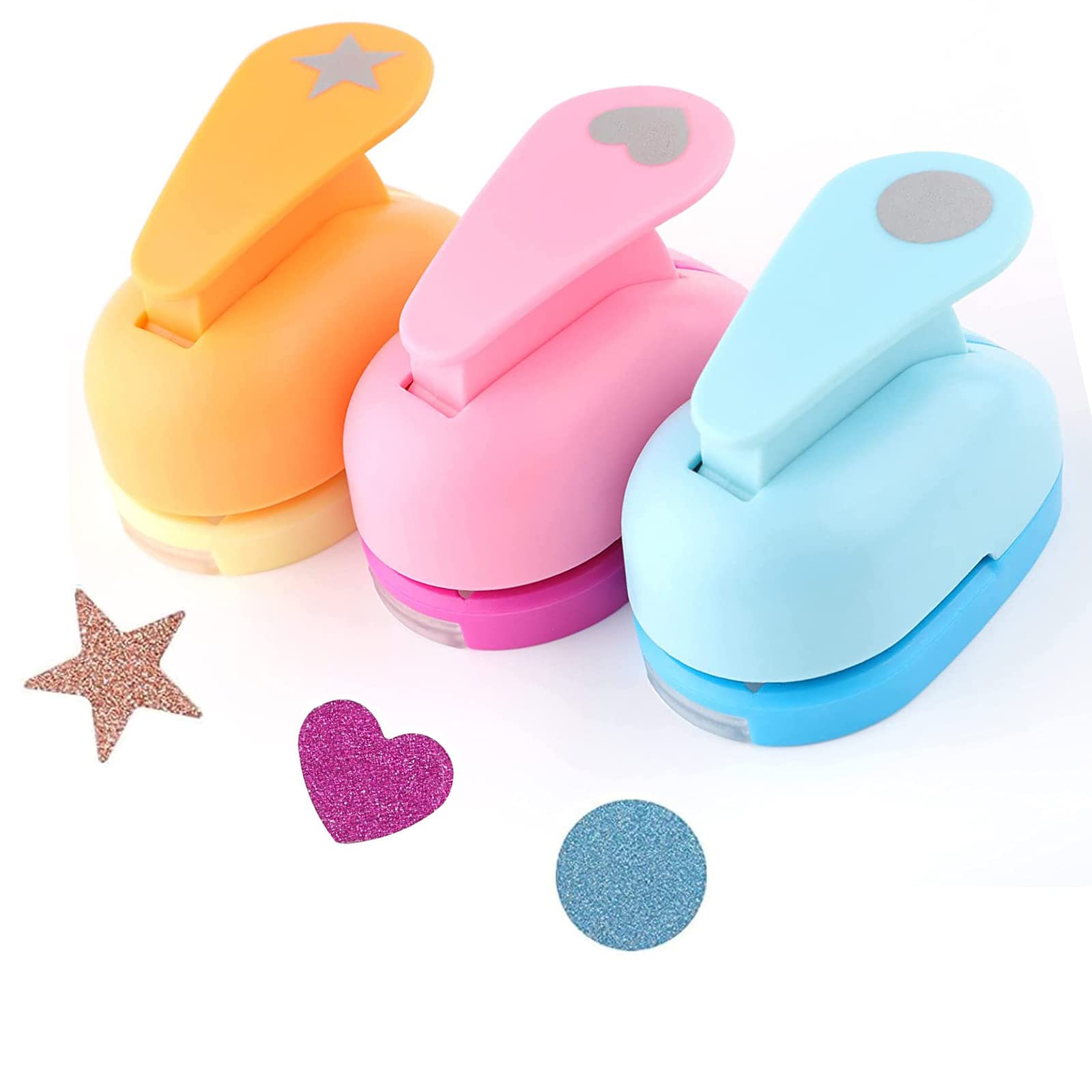 JEOPKO Circle Punch - 3 PCS Creative Paper Punch Set, Heart & Round Hole Punches, DIY Handmade Cutter for Crafting, Scrapbooking & Cards (Yellow, Pink, Blue)