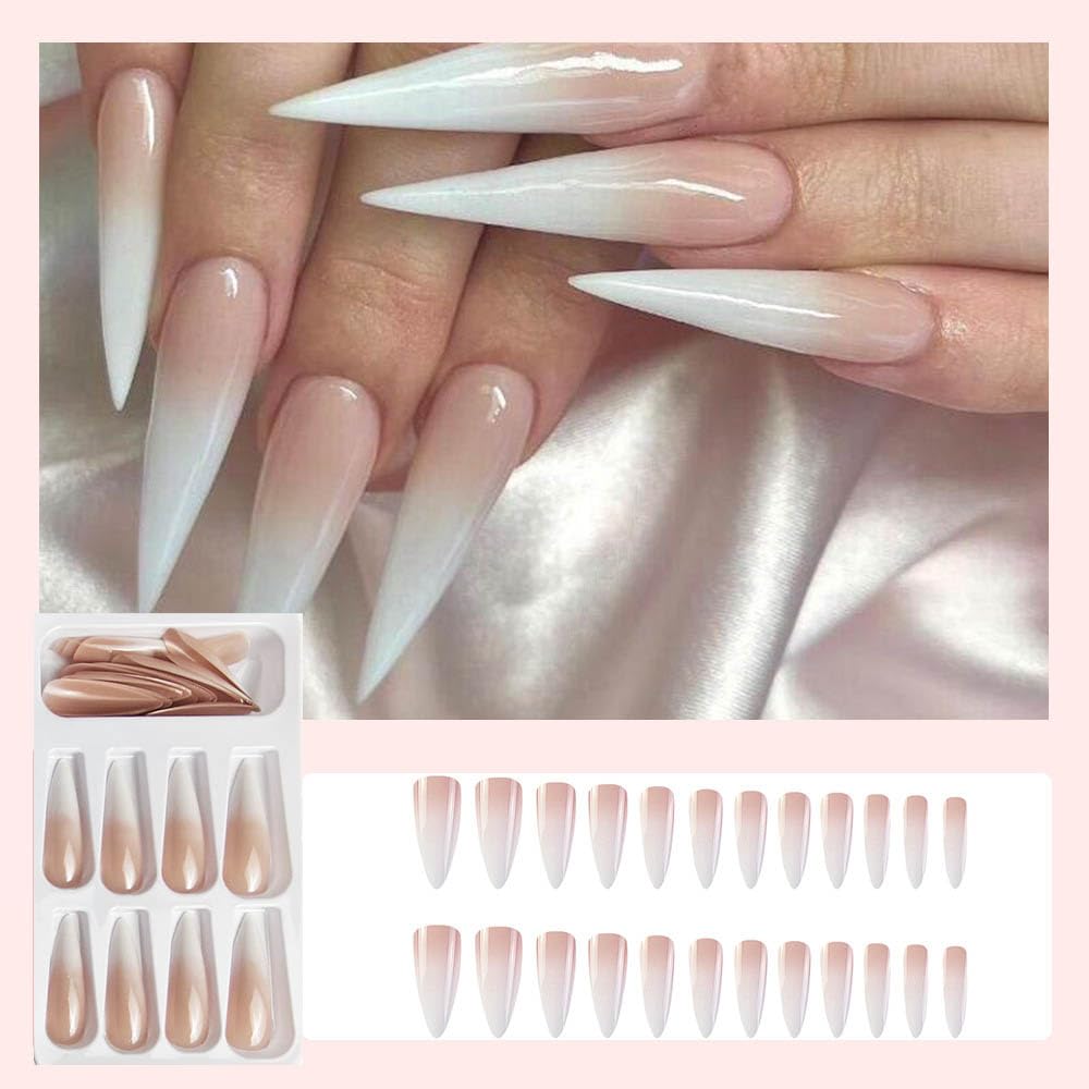 Long Press on Nails Stiletto Fake Nails Extra Long False Nails French Tip Glue on Nails Gradient Acrylic Nails Pink to White Press Ons Point Stick on Nails for Women and Girls 24 Pcs - Image 4