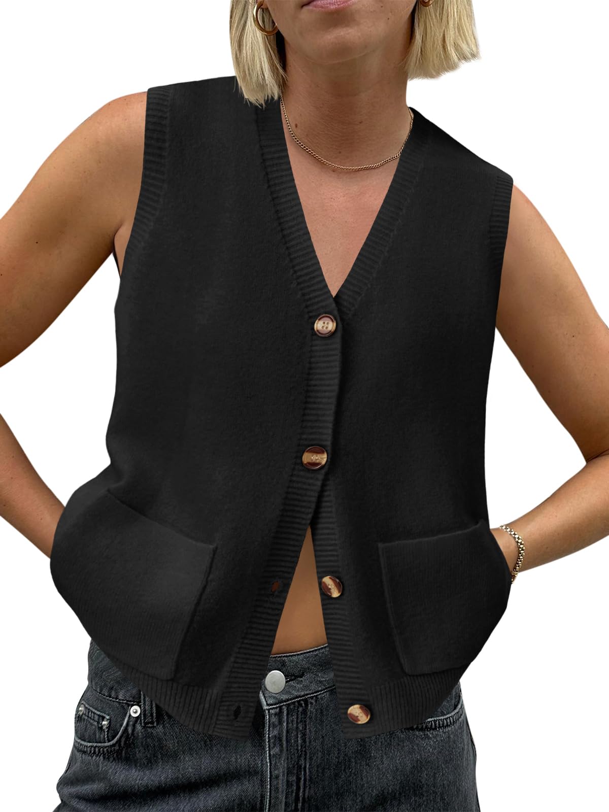 Photo 1 of Saodimallsu Womens Sleeveless Sweater Vest Button V Neck Knit Trendy Casual Summer Cardigan with Pockets Black (SIZE UNKNOWN)
