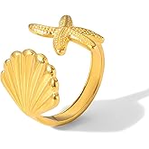 FILMOON Gold Seashell Ring for Women Gold Plated Trendy Starfish Open Ring Summer Beach Jewelry