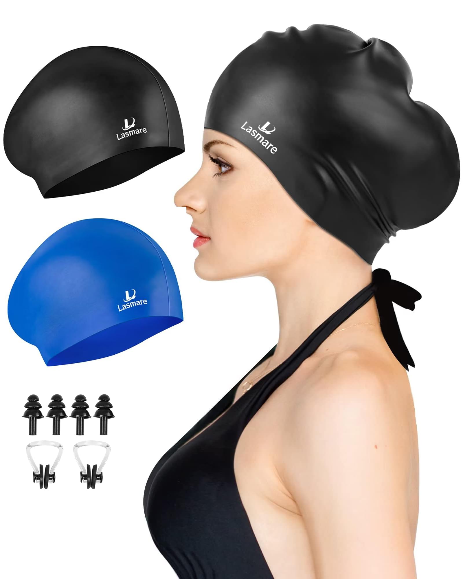 Lasmare Long Hair Swimming Cap Women 2 Pack, Silicone Swimming Hat for Unisex Adult Women Men with Ear Plugs & Nose Clip Set, Waterproof Adult Swim Cap Bathing Caps to Keep Hair Dry(Black+Blue)
