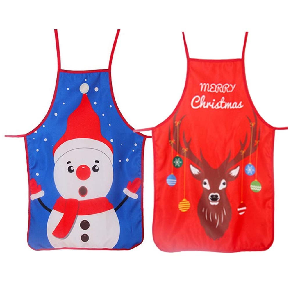 Camelliass 2pcs Christmas Aprons Cartoon Kitchen Aprons Adult Men Women Chef Apron for Xmas Party Cooking Restaurant Baking BBQ Home Decoration (Blue + Red)