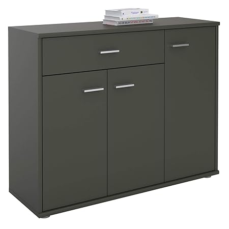 CARO-Möbel Kommode Estelle Sideboard Mehrzweckschrank, grau mit 3 Türen und 1 Schublade, 88 cm breit