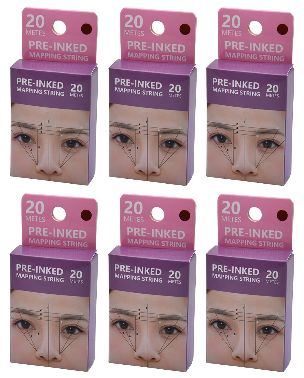 XIAOYU 20M Pre-Inked Mapping String, Eyebrow Mapping Thread, Measuring Tool for Marking Symmetrical Eyebrows, Pack of 6, Brown Ink
