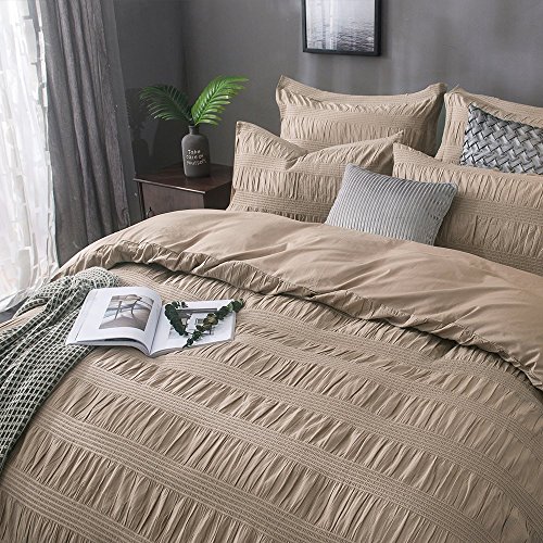 Lausonhouse 100% Cotton Woven Seersucker Stripe Duvet Cover Set - Queen - Khaki