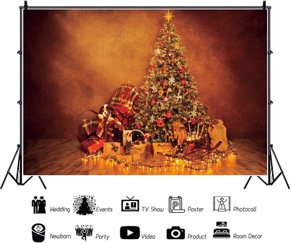 Leowefowa Shabby Retro Wall Xmas Tree Wood Floor Gifts Light Strings Backdrop For Photography 10x8ft Christmas Background Christmas Party Banner Child Baby Photo Shoot Studio Props Wallpaper