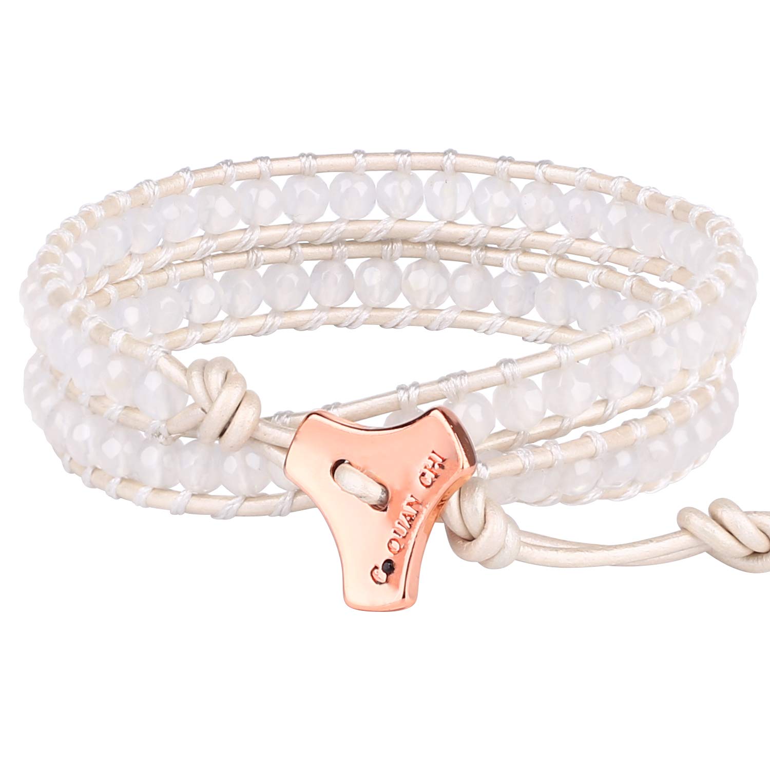 C·QUAN CHI Two Layers Leather Wrap Bracelet Multi-faceted Cut Crystal Beaded Bracelet Hand-woven Bracelet Adjustable Charm Bracelet For Women - White