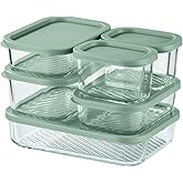 EATEX 6 Pack Glass Meal Prep Containers with Grooved Base, 6 Stackable BPA Free Glass Storage Containers with Lids for Lunch, Pantry, and Kitchen - Microwave, Dishwasher Freezer & Oven Safe - Sage