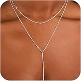 CAROVO Gold Necklace for Women Dainty Long Necklace 14K Gold/Silver Lariat Y-Shaped Pendant Necklaces Trendy Layered Lip Cubic Zirconia Beaded Chain Drop Necklaces Jewelry for Women Gifts