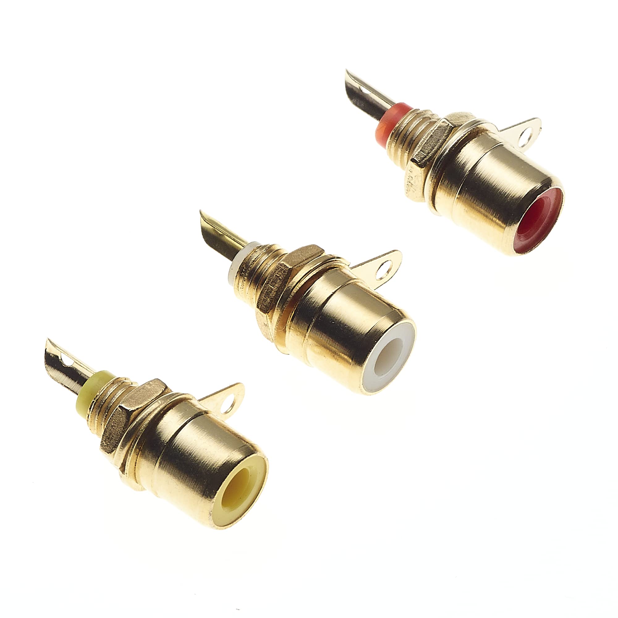 Keple Phono Sockets - RCA Chassis Panel Mount Female Adapter, Gold Plated With Solder Termination - Red, White And Yellow - A/V Colour Coded For Amplifier Audio Terminal Plug - Pack Of 3