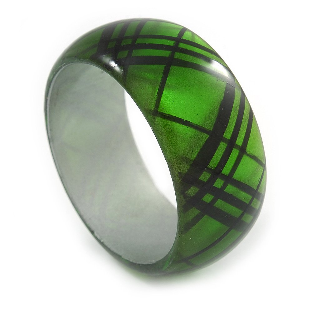 Avalaya Green/Black Acrylic 'Tartan Pattern' Bangle Bracelet -18cm Length