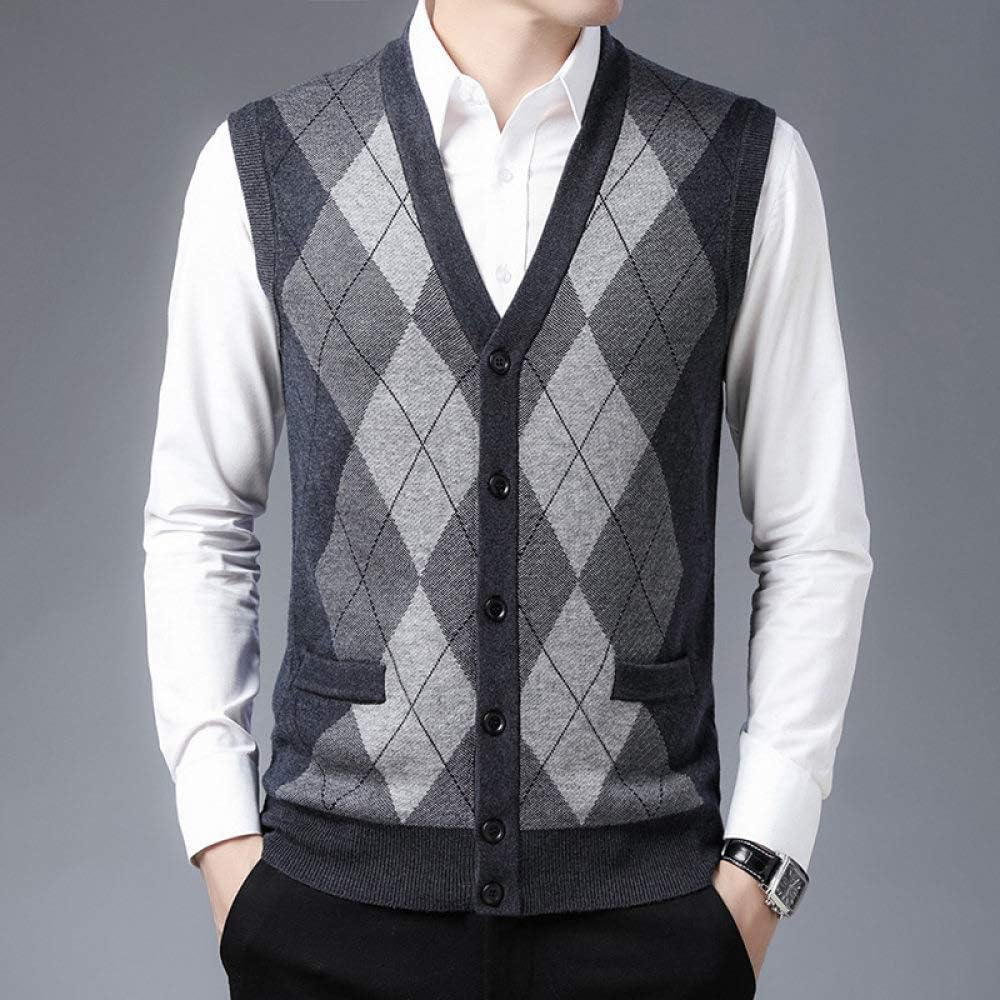 YFDYG Man Dark Grey Cardigan Sweater Vest Male Sleeveless Wool Knit