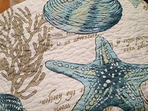Coastal Beach House Seaside Script 3 PC Full/Queen Quilt Set - Seashells Starfish Seahorse