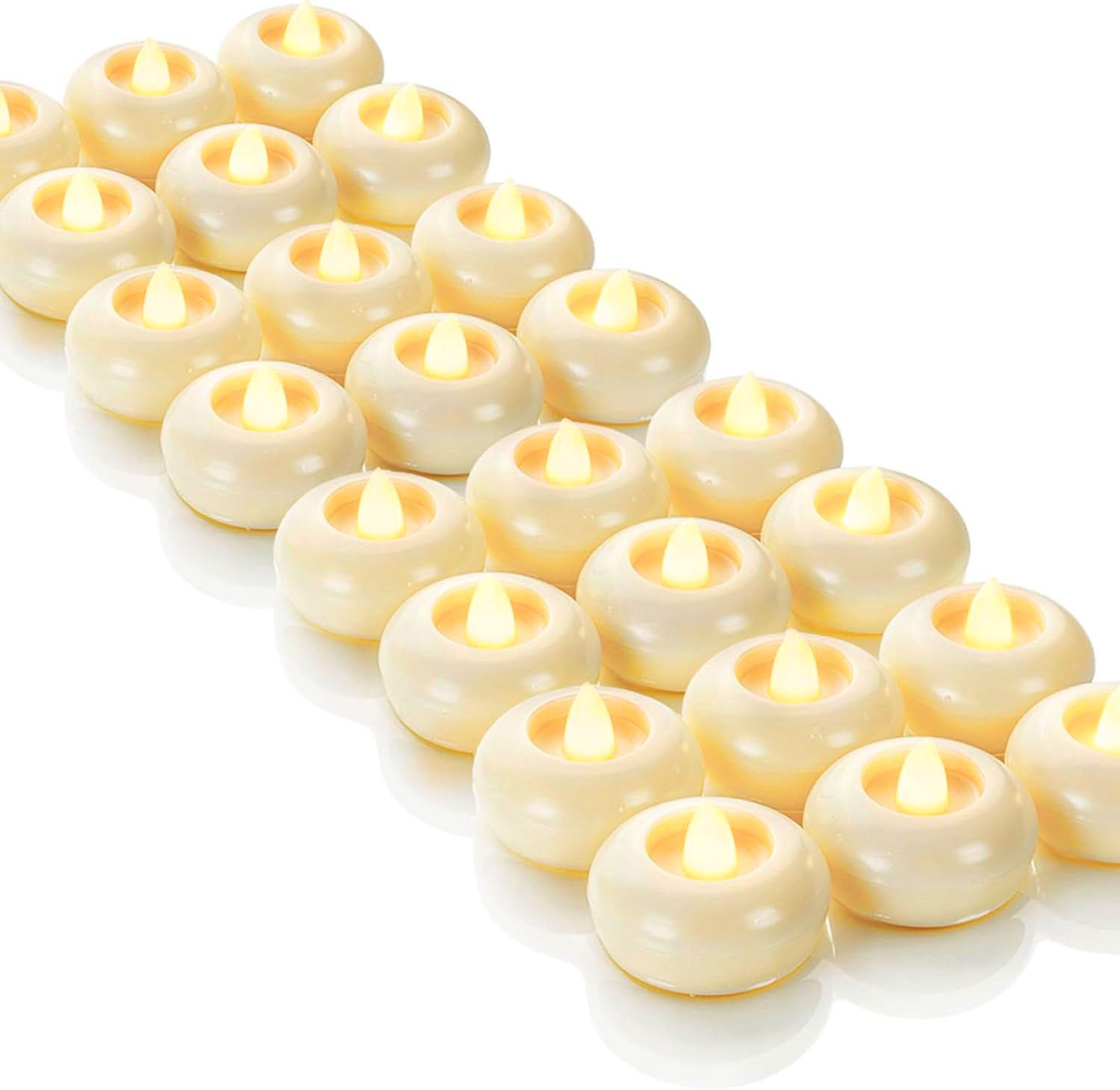 Photo 1 of Homemory 24 Pack 2” Flameless Led Floating Candles, 200 Hour Battery Operated Flickering Waterproof Tealights for Cylinder Vases, Centerpieces at Wedding, Party, Pool, Holiday (Ivory Base)